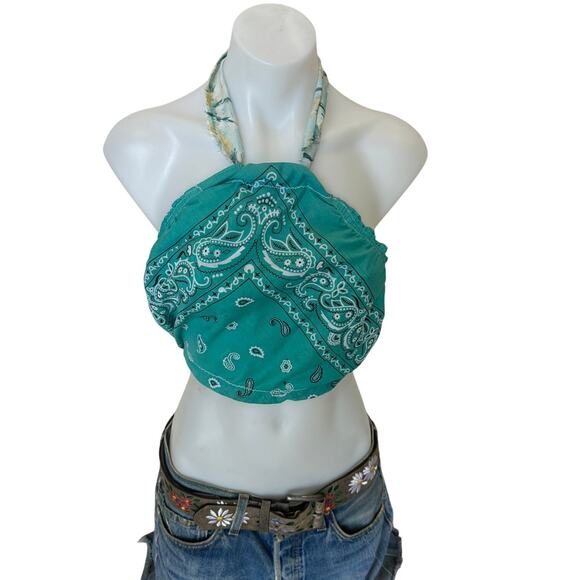 Teal Green Bandana Halter Crop Top One Size Festival Western Handcrafted NEW - Picture 1 of 4